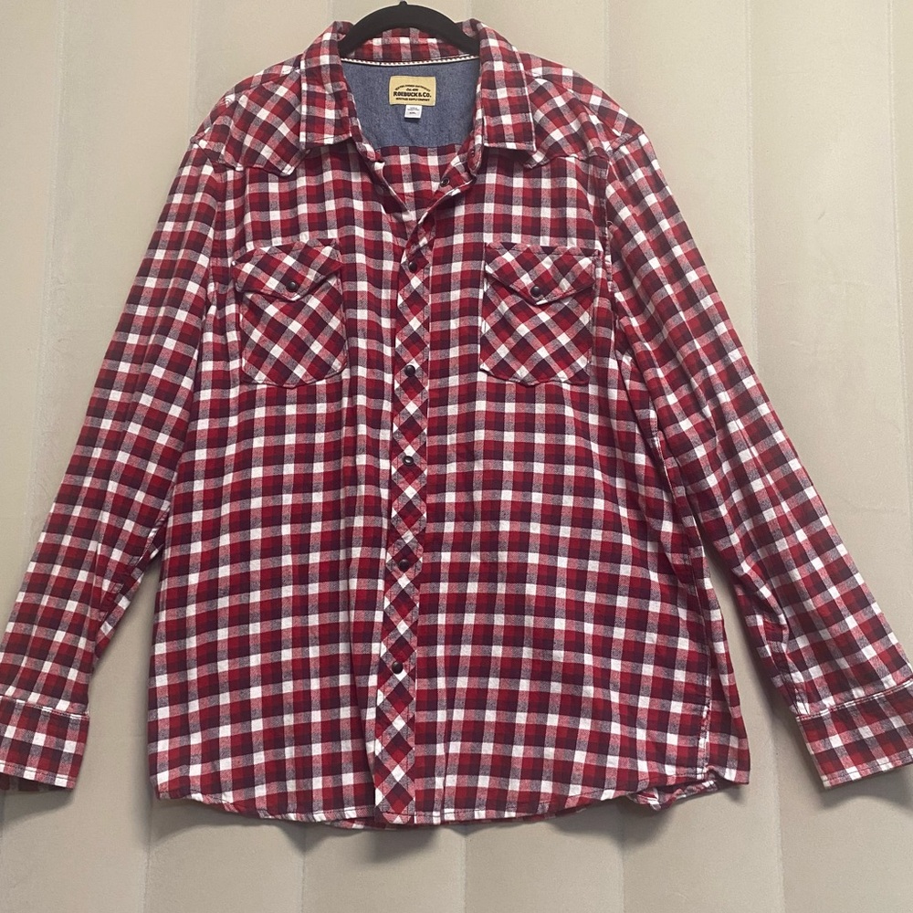 Roebuck & Co Men’s Button Up Shirt XXL 2XL Flannel Plaid Brushpopper Snap Button